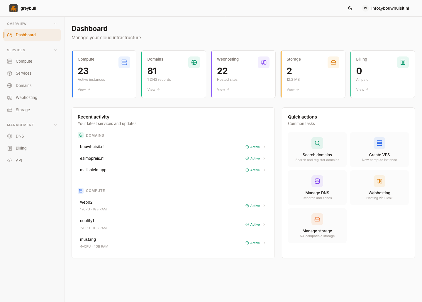 Greybull Dash Dashboard overview with compute instances, domains, webhosting and quick actions